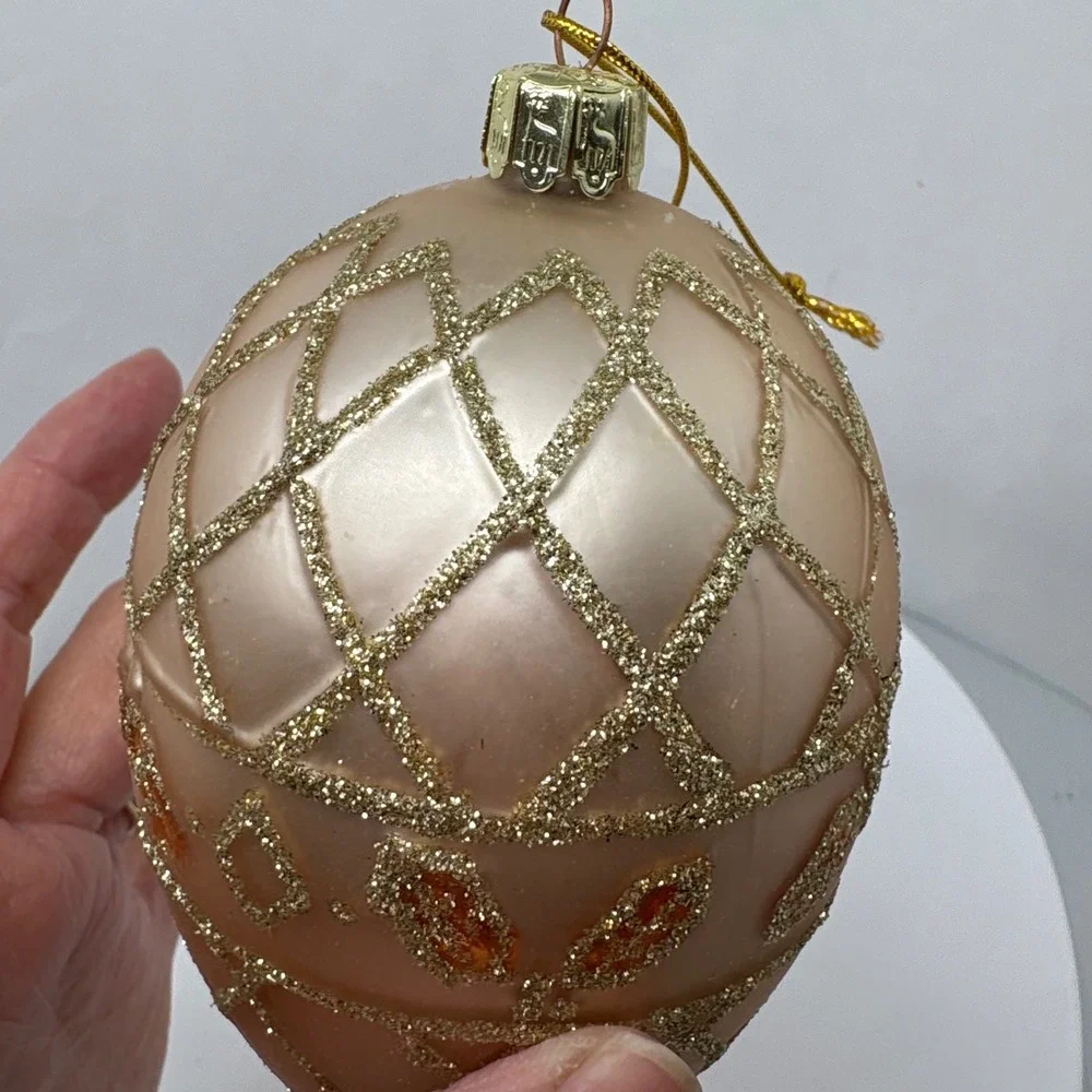 Champagne Pink‎ Blown Glass Egg Christmas Ornament Gold Glitter Trellis 4